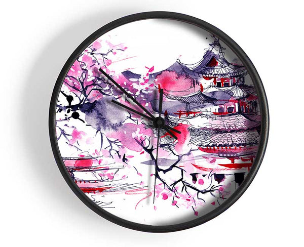 Chinese Village Red And Clock - Wallart-Direct UK