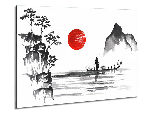 Chinesischer Fischer unter der roten Sonne