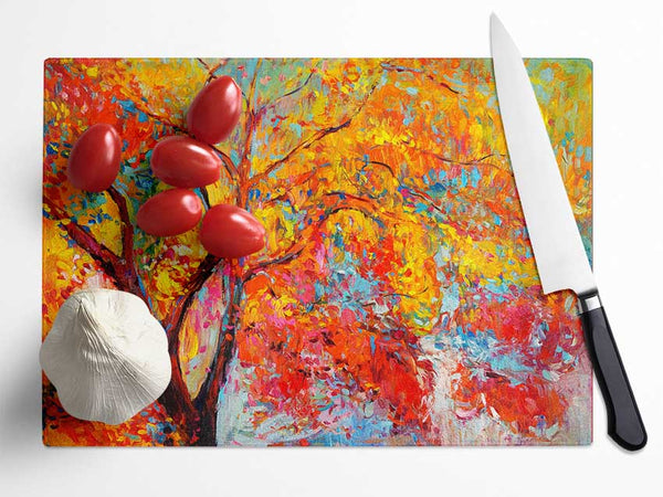Stunning Orange And Red Autumn Tree Glass Chopping Board