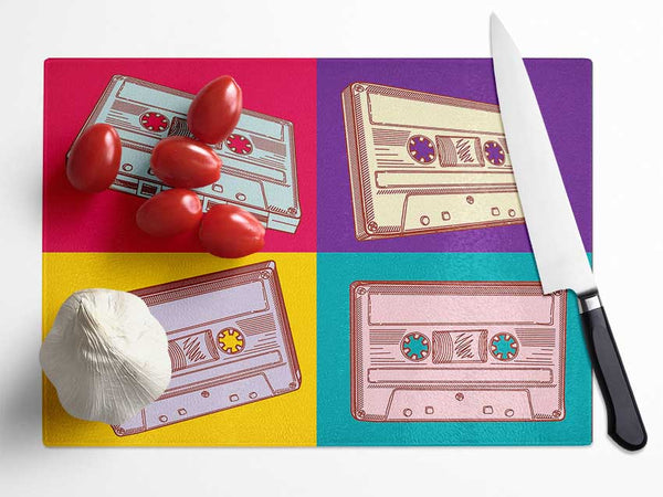Retro Cassette Tapes Glass Chopping Board