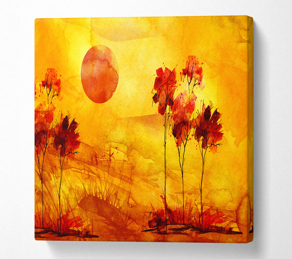 A Square Canvas Print Showing Red Tree Sun Square Wall Art