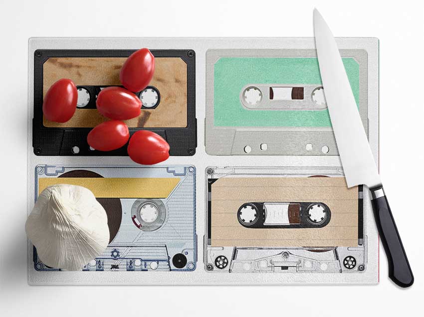 Retro Music Tapes Glass Chopping Board