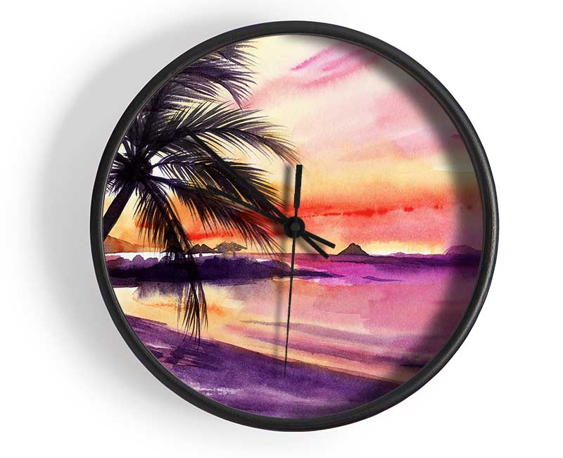 Watercolour Purple Palm Tree Ocean Clock - Wallart-Direct UK