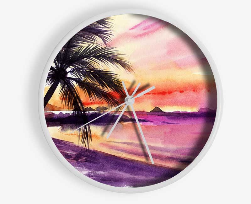 Watercolour Purple Palm Tree Ocean Clock - Wallart-Direct UK