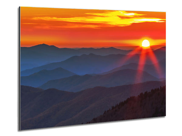 Blue Misty Mountain Sun 3 Metal Print