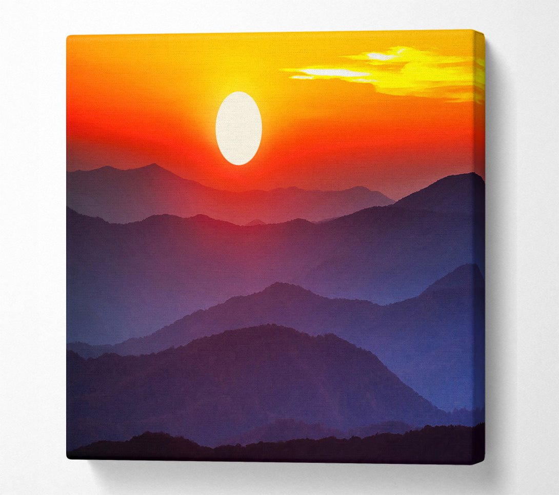 A Square Canvas Print Showing Blue Misty Mountain Sun 2 Square Wall Art