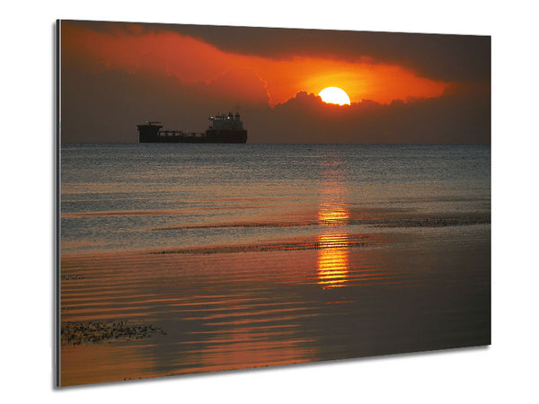 Ocean Ship Sun Glow Metal Print