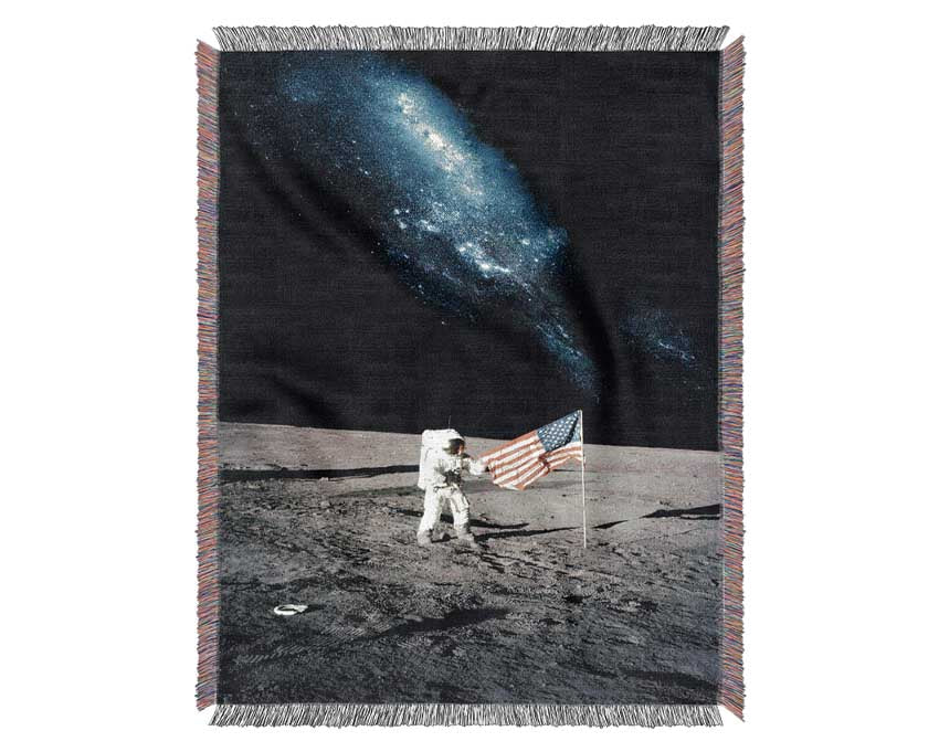 Astronaut And The American Flag On The Moon Woven Blanket