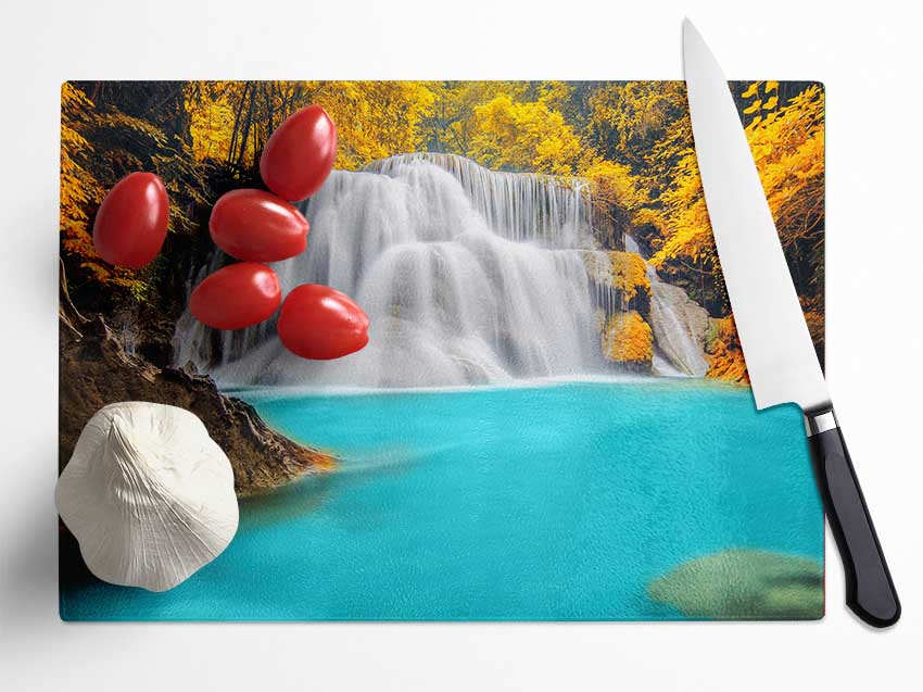 Yellow Trees Around The Blue Waters Glass Chopping Board