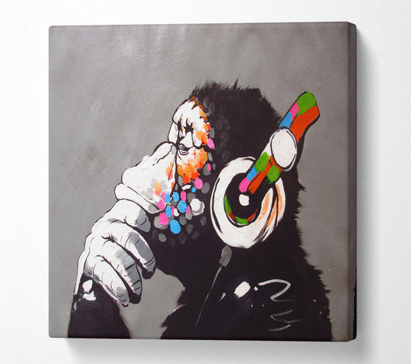A Square Canvas Print Showing Chimp Headphones Thinking Square Wall Art