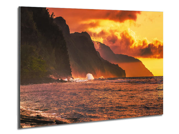 Cliff sunset crashing ocean Metal Print