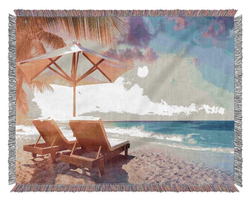 Sun chairs by the sea Woven Blanket