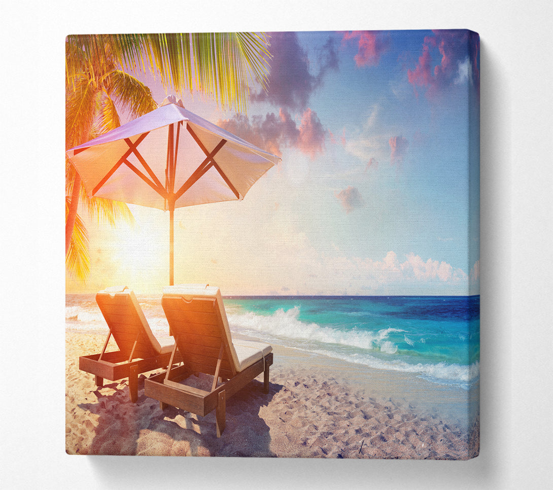 A Square Canvas Print Showing Sun chairs by the sea Square Wall Art