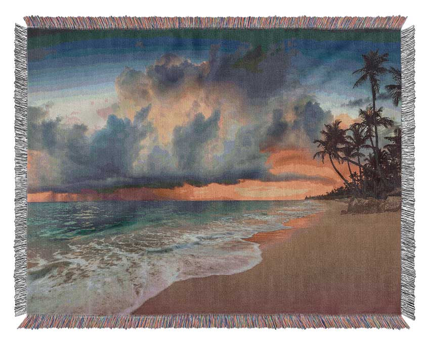 Grey Clouds on the beach Woven Blanket