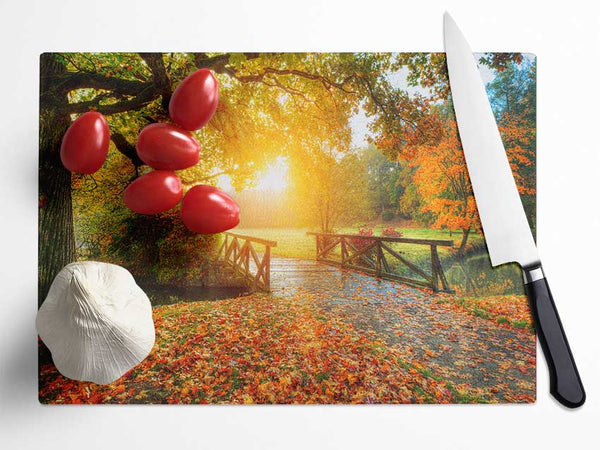 Woodland Bridge Autumn tranqulity Glass Chopping Board