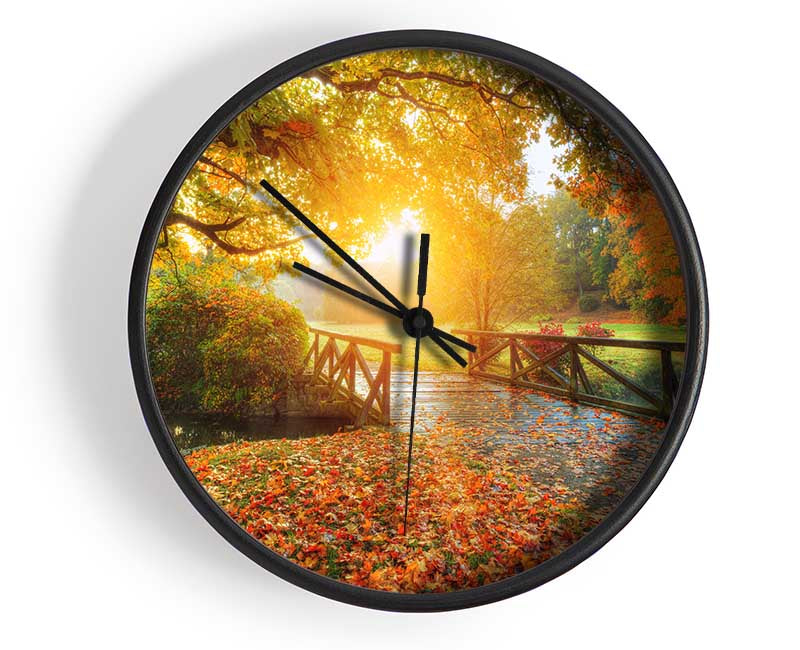 Woodland Bridge Autumn tranqulity Clock - Wallart-Direct UK