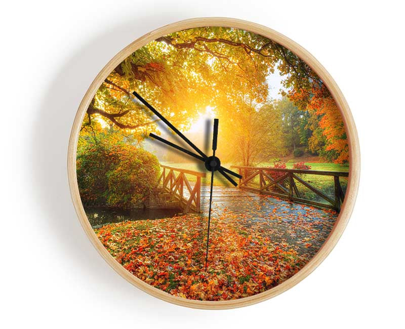 Woodland Bridge Autumn tranqulity Clock - Wallart-Direct UK