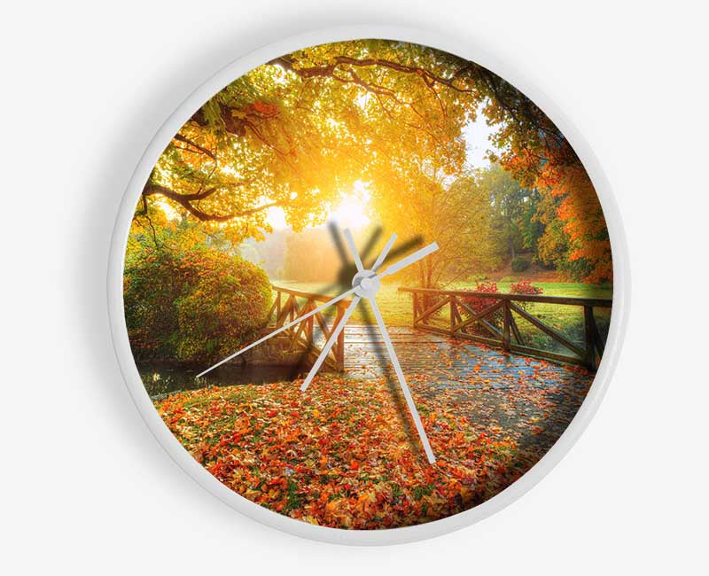 Woodland Bridge Autumn tranqulity Clock - Wallart-Direct UK