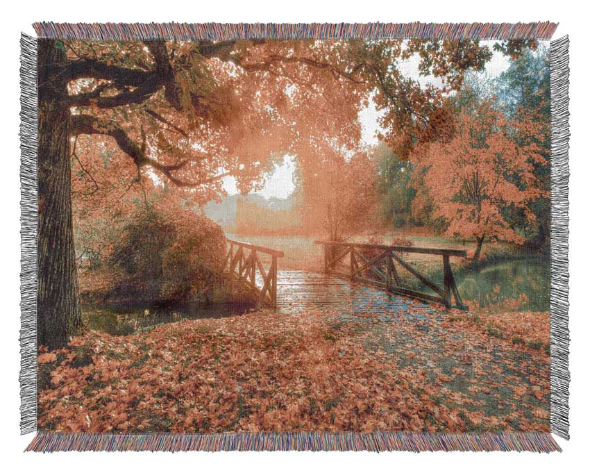 Woodland Bridge Autumn tranqulity Woven Blanket