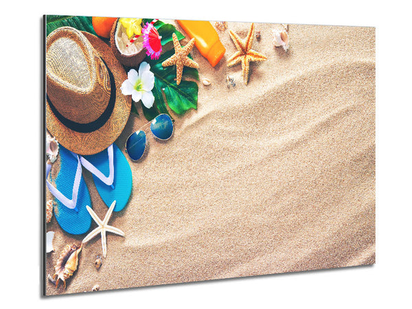 Sunglasses and hat on the beach Metal Print