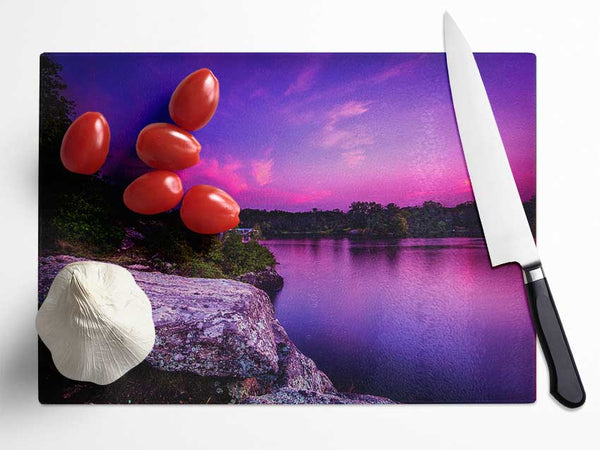 purple and blue lake off the cliffs Glass Chopping Board