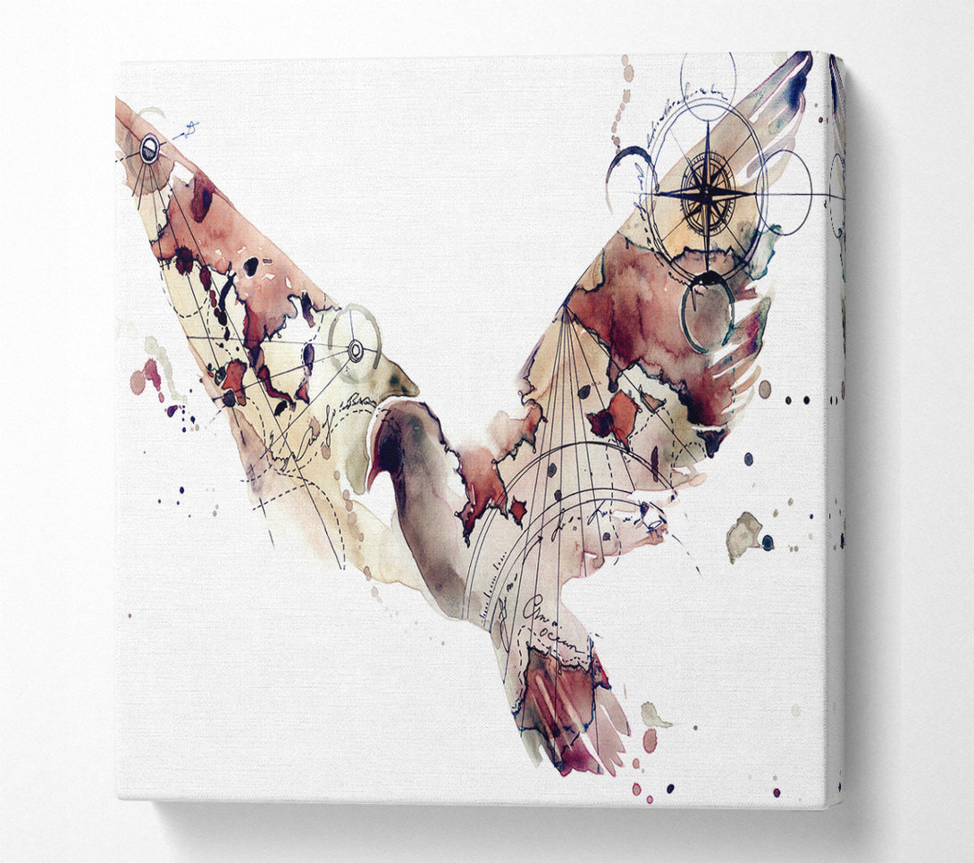 A Square Canvas Print Showing Dove in flight watercolour maps Square Wall Art