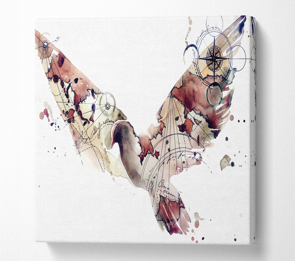 A Square Canvas Print Showing Dove in flight watercolour maps Square Wall Art
