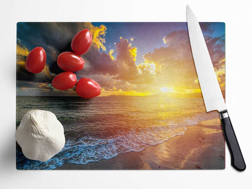 Sunset on the beach of essex Glass Chopping Board