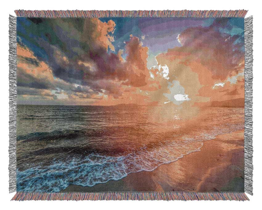 Sunset on the beach of essex Woven Blanket