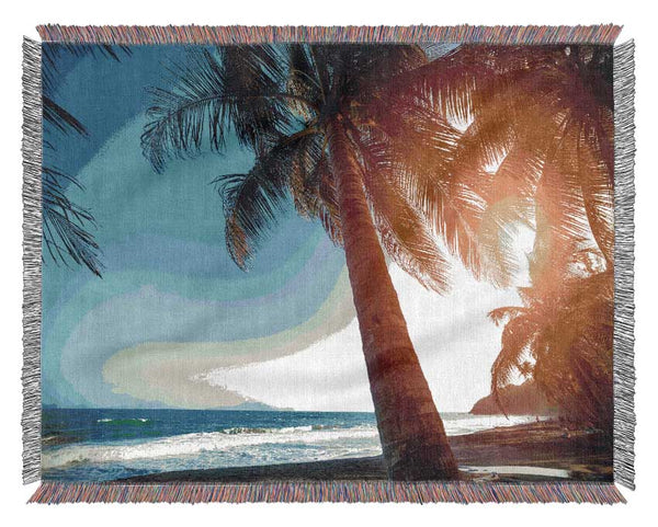 Palm tree close up on beach Woven Blanket