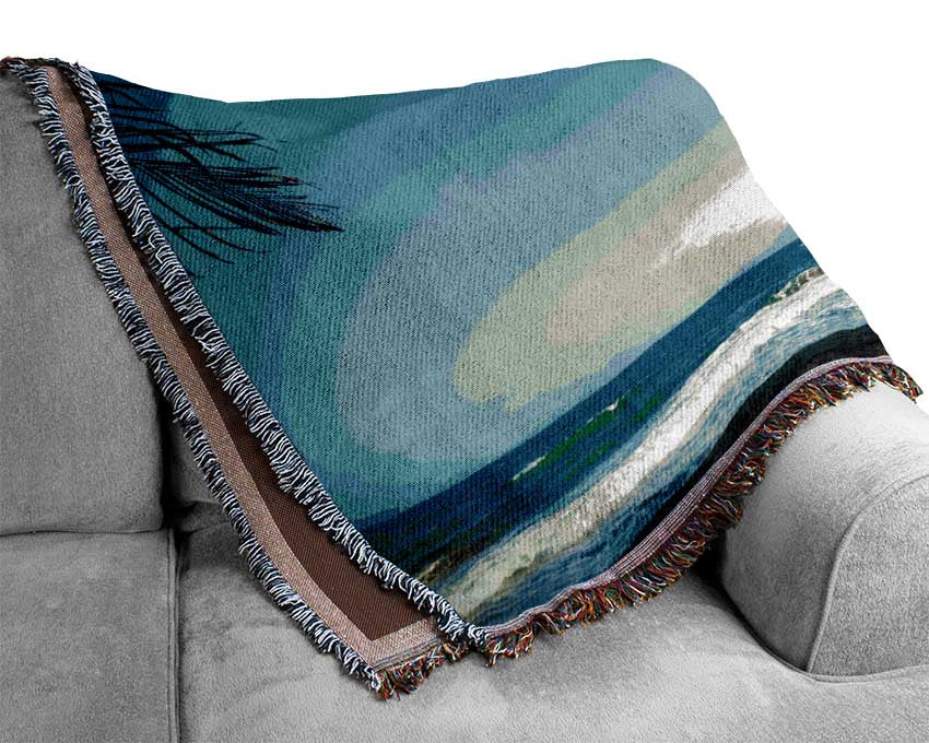 Palm tree close up on beach Woven Blanket