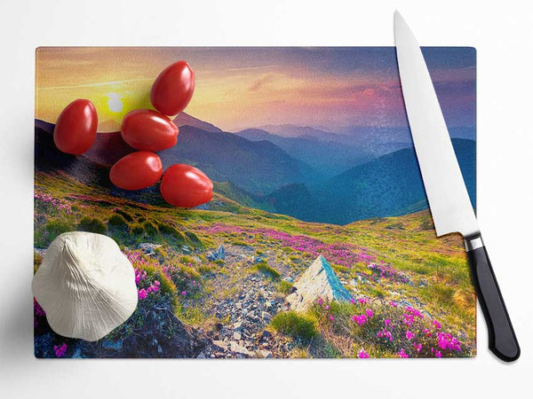 Beautiful mountain range and flowers Glass Chopping Board