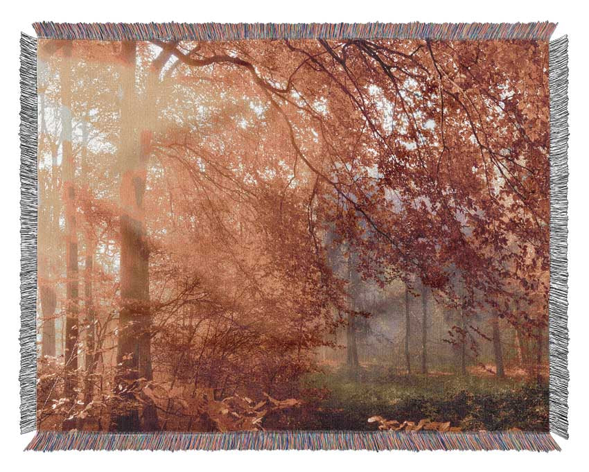 Autumn forest sunrays Woven Blanket