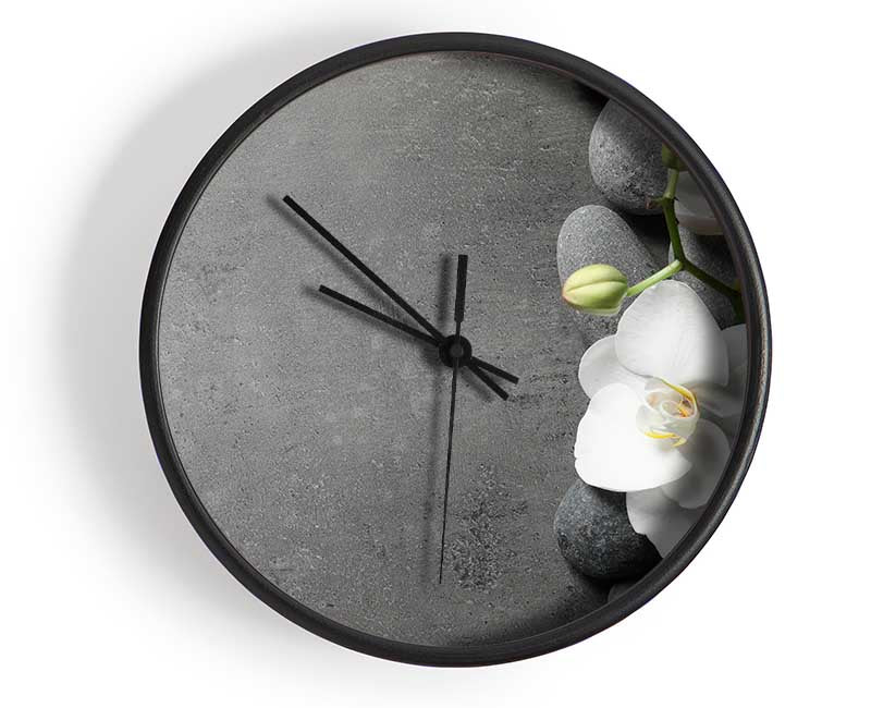 White Orchid on grey pebbles Clock - Wallart-Direct UK
