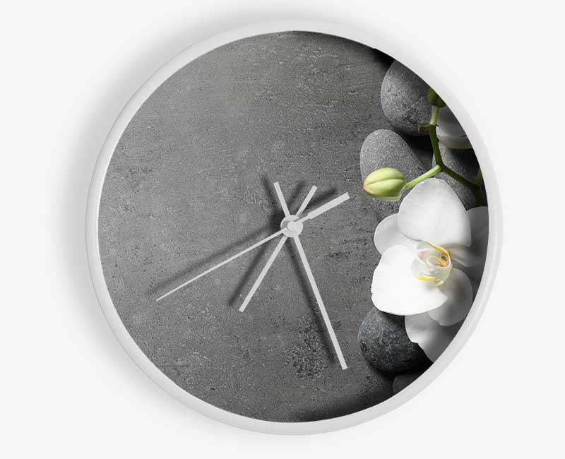 White Orchid on grey pebbles Clock - Wallart-Direct UK