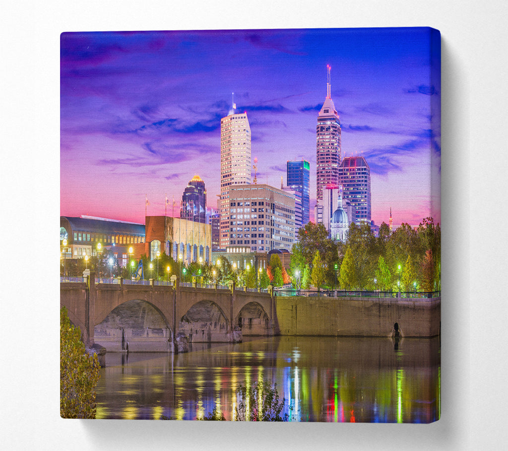 A Square Canvas Print Showing Bridge across the city at night Square Wall Art