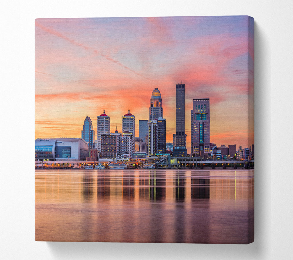 A Square Canvas Print Showing Orange sunset in the city shoreline Square Wall Art