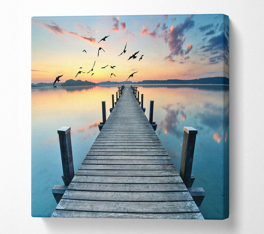 A Square Canvas Print Showing Bridge into the lake and seagulls Square Wall Art