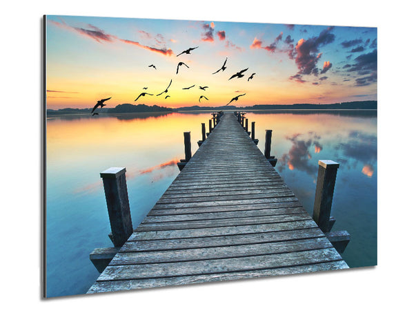 Bridge into the lake and seagulls