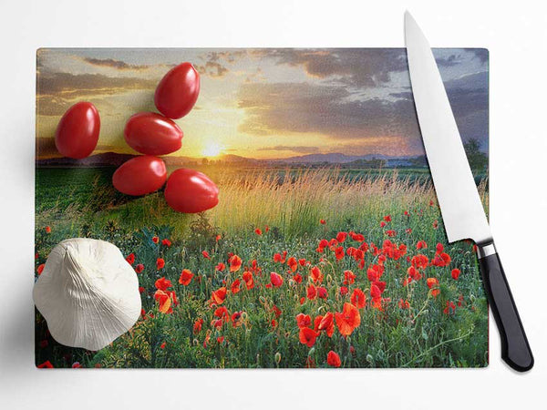 Red poppies in the green countryside Glass Chopping Board