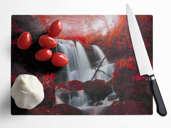 Red Forest Waterfall Delight Glass Chopping Board