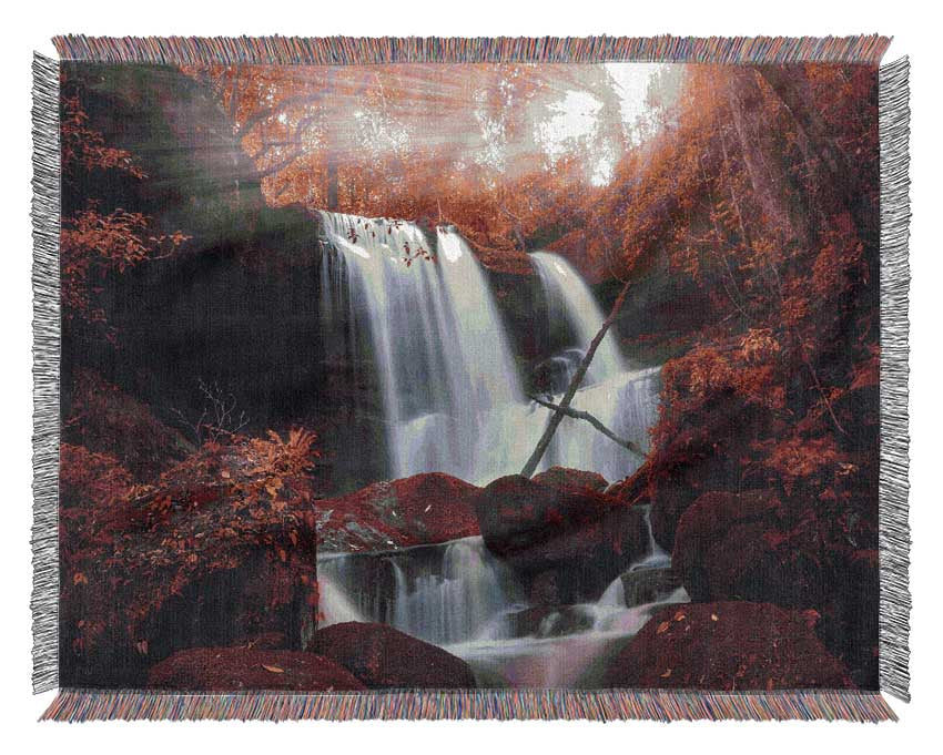 Red Forest Waterfall Delight Woven Blanket