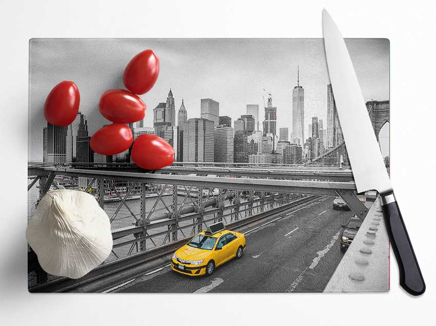 New York on the bridge yellow cab Glass Chopping Board