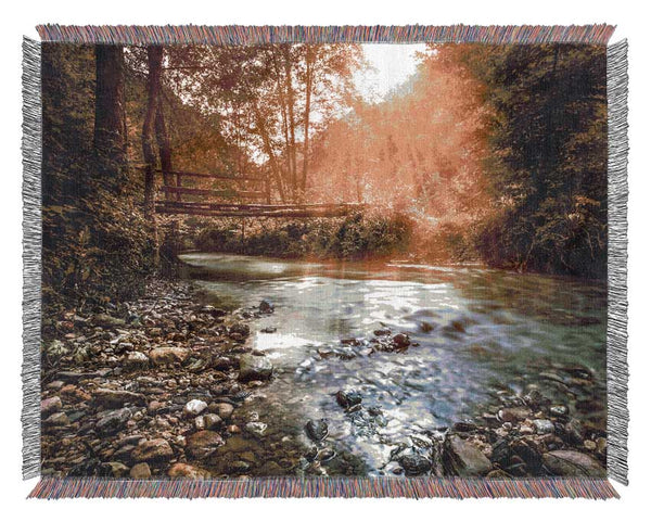 Handmade bridge in the woodlands Woven Blanket