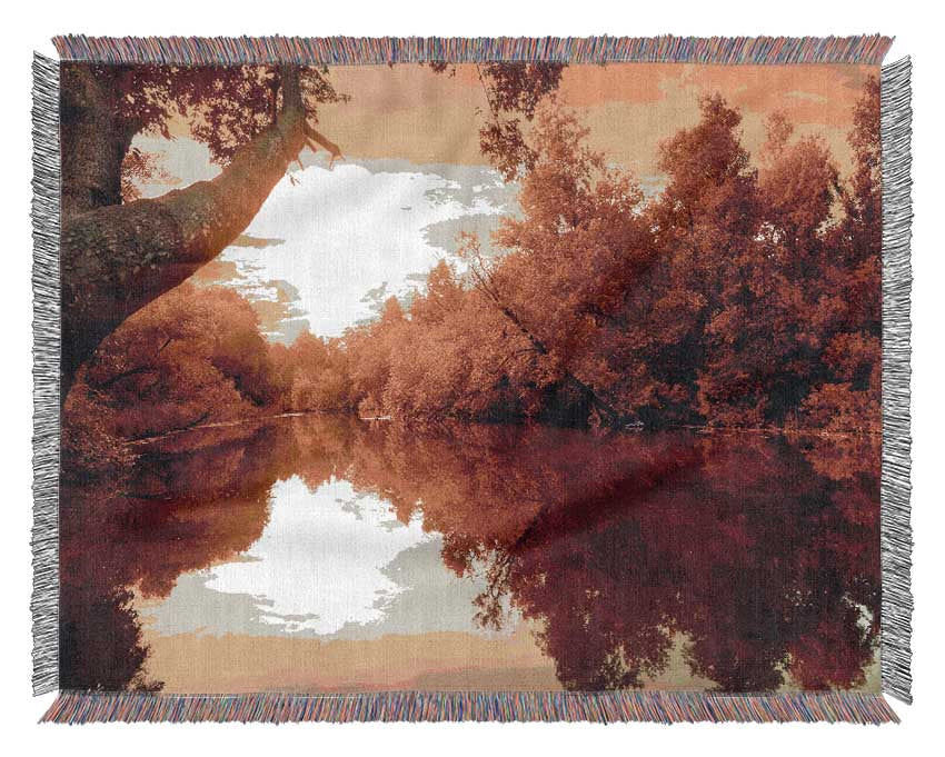 Stunning red forest reflections in the river Woven Blanket