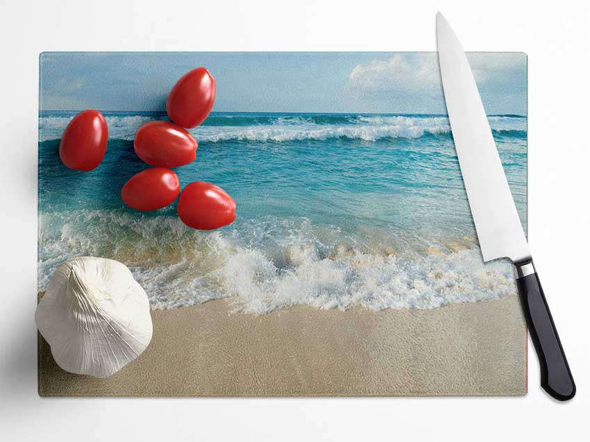 Crashing waves on the sandy beach Glass Chopping Board