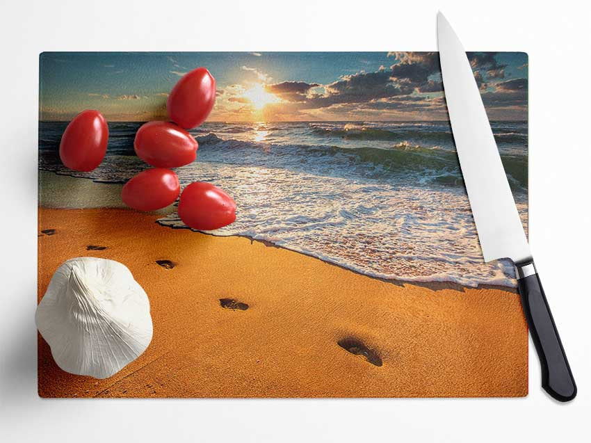 Footprints on the beach Glass Chopping Board
