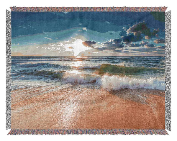 Crashing blue waves on the shore Woven Blanket