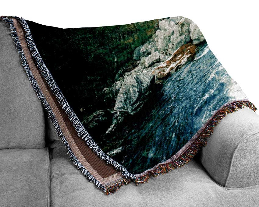 Stunning rapids of water forest Woven Blanket