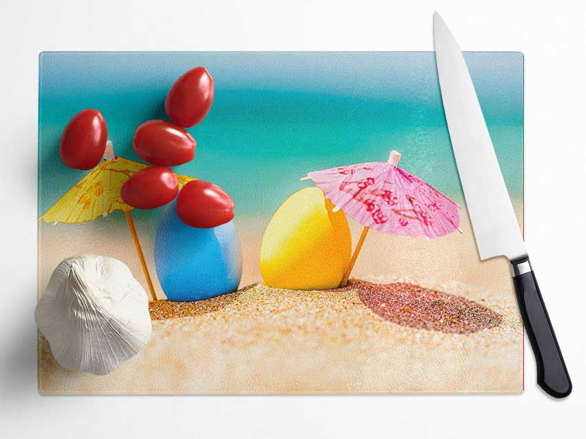 Blue and yellow eggs sunning Glass Chopping Board